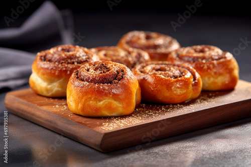 Zurich-style cinnamon buns are served on a wooden board. (Generative AI)