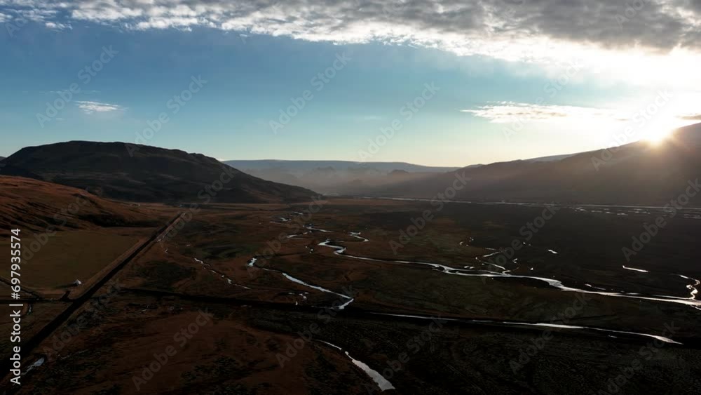 Scenic Fields During Sunrise In South Iceland - Aerial Drone Shot Scenic Fields During Sunrise In South Iceland - Aerial Drone Shot