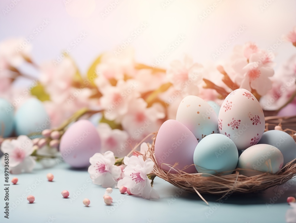 Delicate Easter Composition of Eggs and Flowers in Pastel Shades 