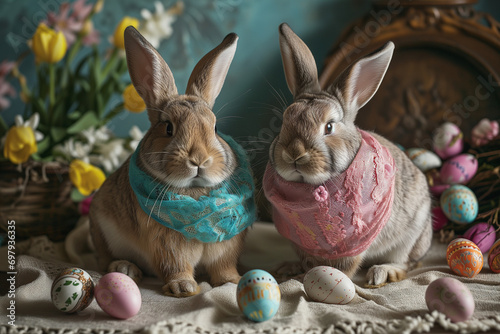 Two adorable Easter bunnies with flowers and Easter egg decor