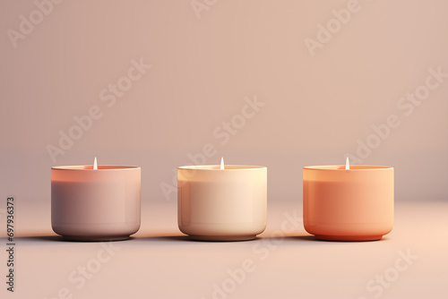 Aromatic candles on a peach-colored background. Backdrop for photoshoot or wallpaper