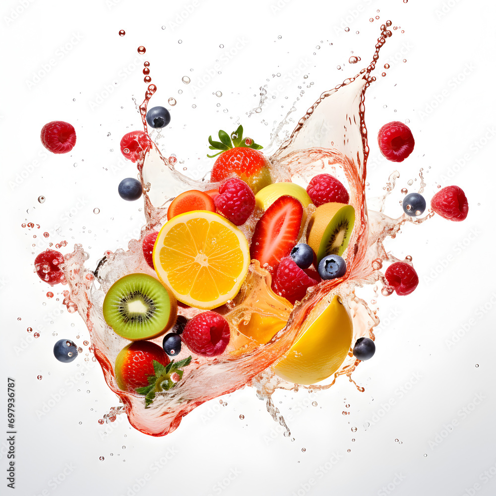 Fresh Summer Fruits with Juice Splash on white Background