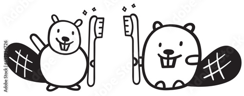 Two cute beavers with toothbrushes. hygiene for kids. Dental hygiene for kids. Outline vector isolated illustrations on white background.