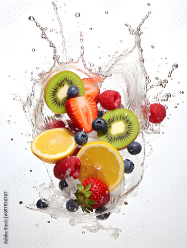 Colorful Fruits Splashing in Water with High-Key Lighting and Dynamic Energy Flow