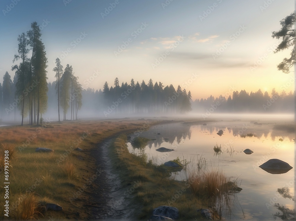Tranquil Morning Mist over Misty Forest Lake
