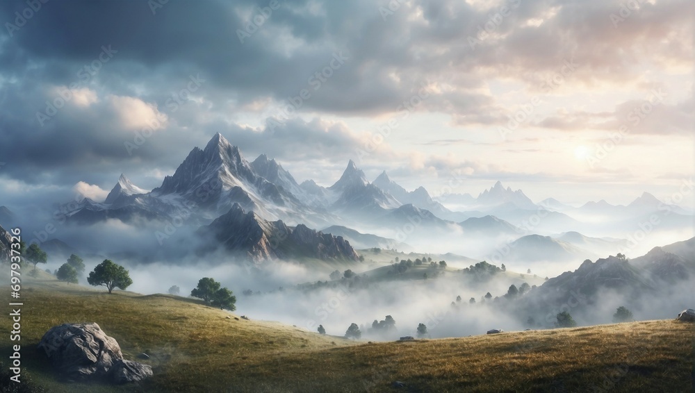 Fototapeta premium Early morning mist over a serene mountain range 