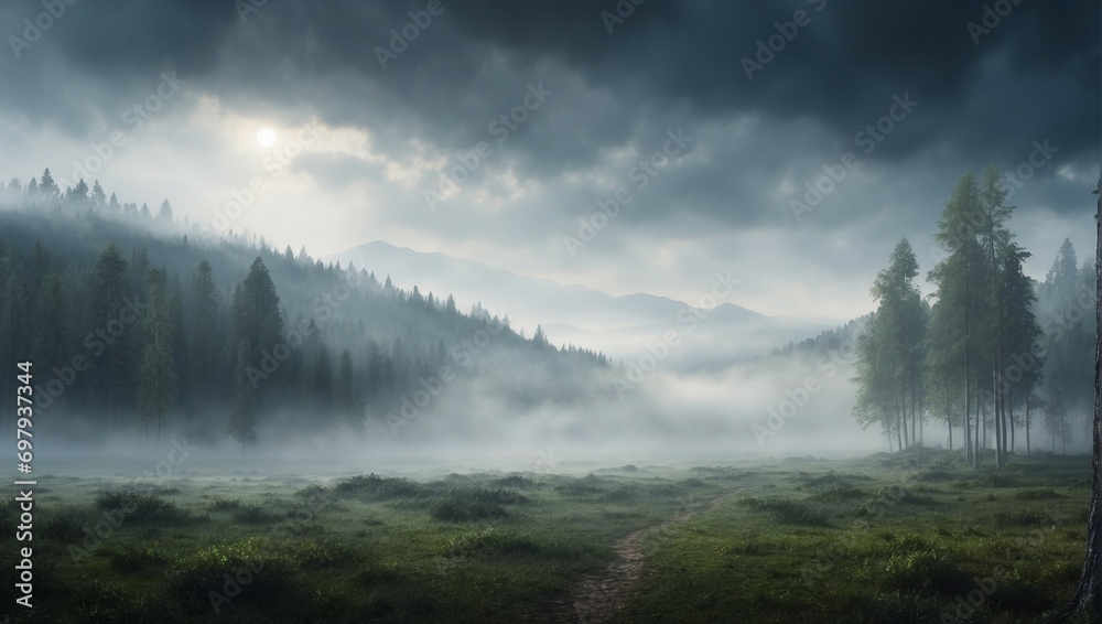 Fototapeta premium Misty forest landscape with green trees and tranquil atmosphere