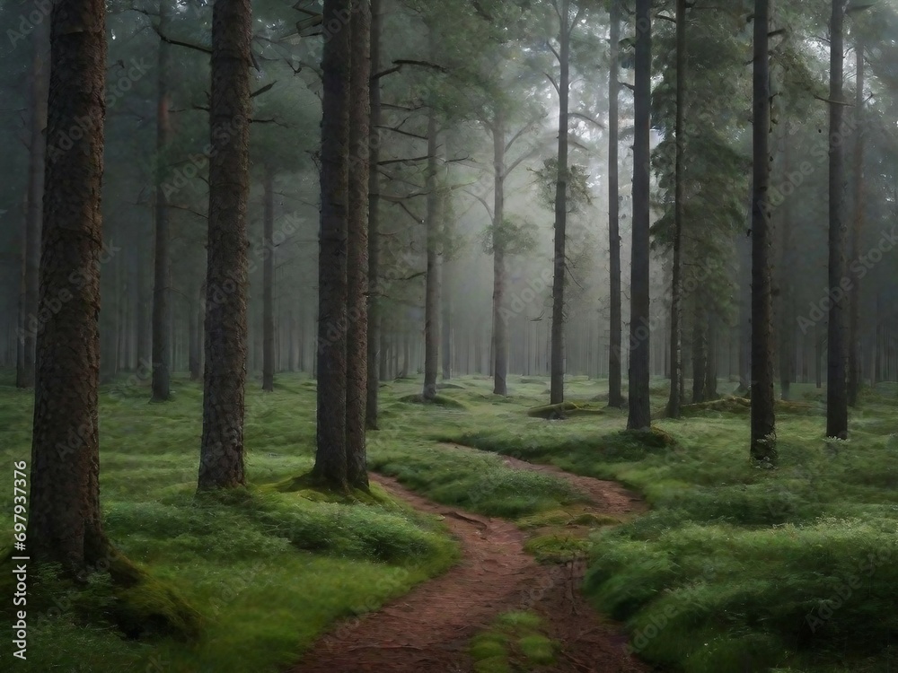 Fototapeta premium Misty forest with green trees and atmospheric haze 