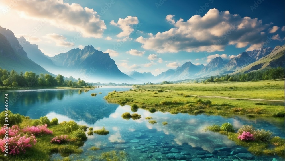 Morning Landscape with Reflecting Lake and Majestic Mountains
