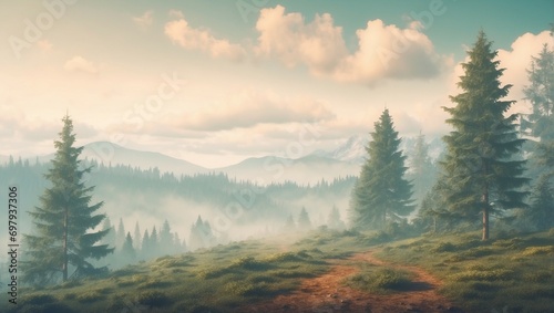 Misty forest landscape with green trees and tranquil atmosphere 