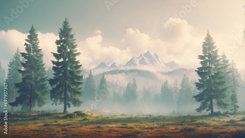 Misty forest landscape with green trees and tranquil atmosphere  © noah