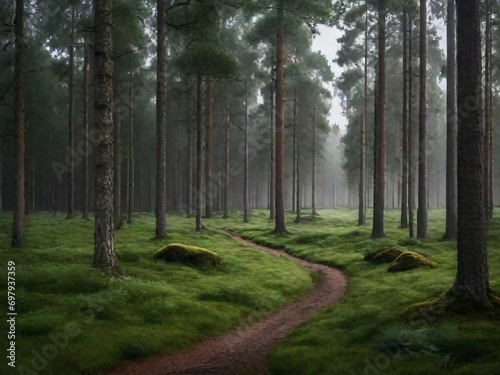 Misty forest with green trees and atmospheric haze 