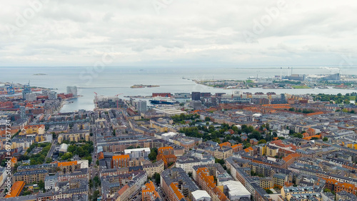 Copenhagen  Denmark. Panorama of the city center and port in cloudy weather. Summer day  Aerial View