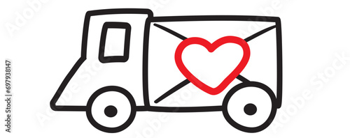A truck with an envelope full of valentines. Outline icon. Happy valentine's day. Flat vector illustration on white background.