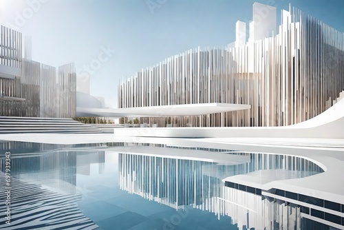 Abstract modern architecture background, an urban plaza with minimalist structures and water features, creating a calm and contemplative atmosphere
