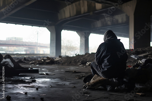 a homeless individual huddled in a makeshift shelter under a bridge
