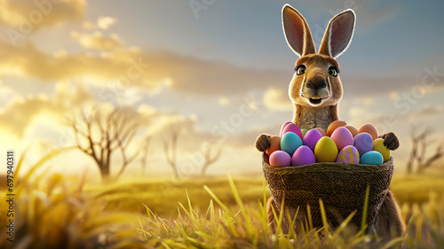 Smiling kangaroo as Easter bunny holding a basket of colourful eggs at sunrise. Australian theme © Sunshine Design