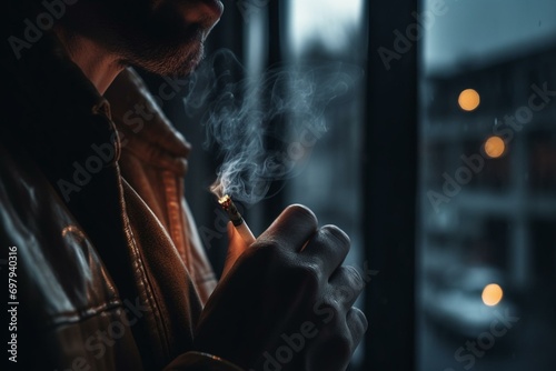A person holding a cigarette in close-up. Generative AI photo