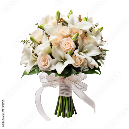 Wedding bouquet of beautiful pink, white, beige flowers and decoration, with isolated white background... © Kuo