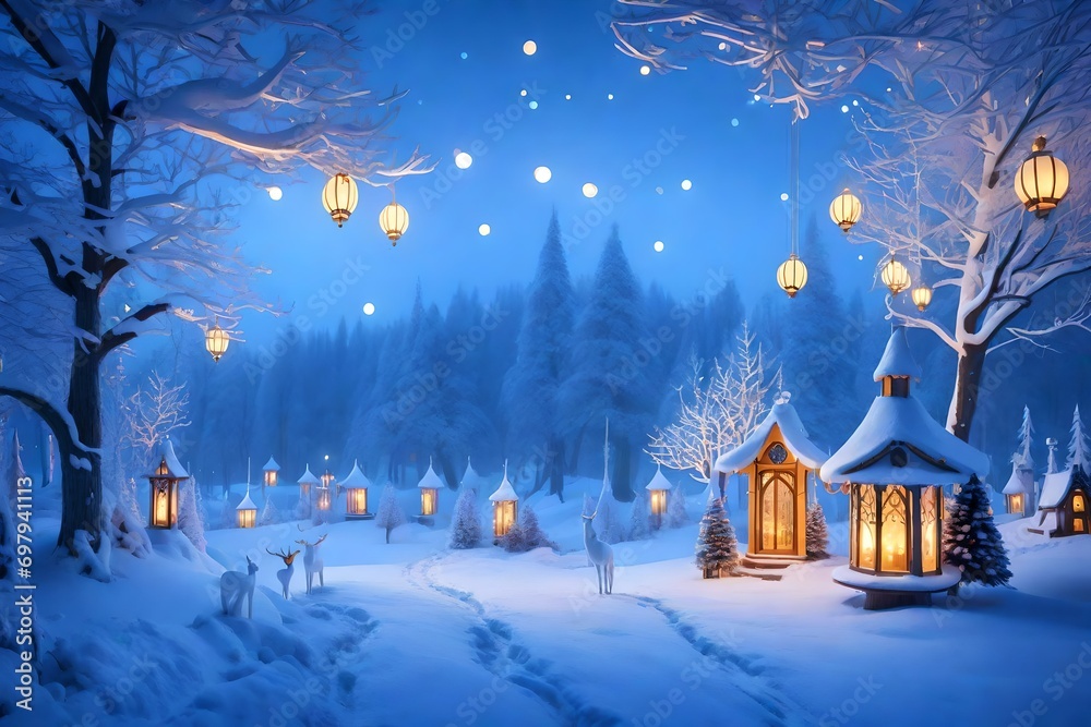 New year and Christmas concept on snowy landscape, a serene winter forest with a hidden path illuminated by softly glowing lanterns, mysterious figures exchanging gifts