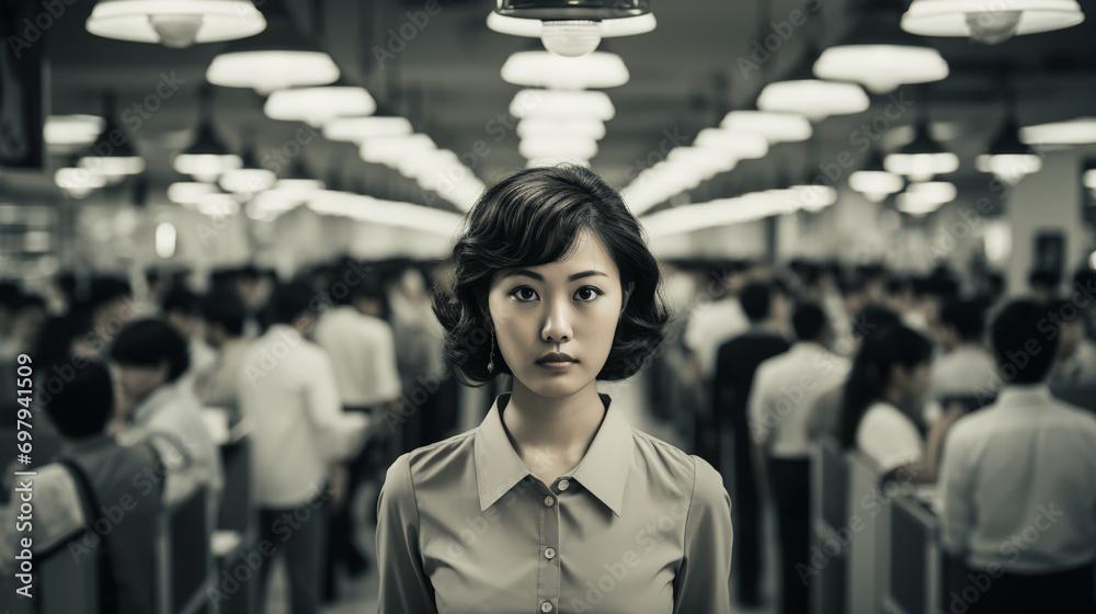 Close-up view of Asian office worker in a retro office - 1980’s feel - vintage style - black and white - monochrome - demanding - frustrated - aggravated - small business - quirky and eccentric charm