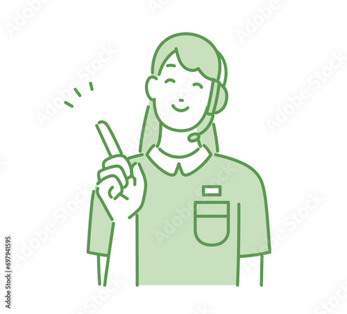 笑顔で指差ししているカスタマーサポートの女性