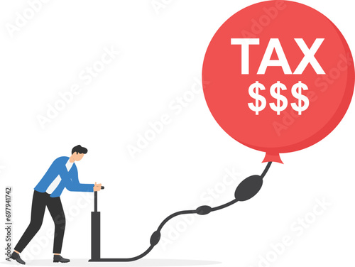 Businessmen pump up a balloon of a tax floats higher. Avoid paying government tax, fraud. Flat vector illustration

