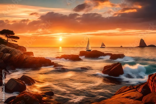 Beautiful landscape at sunset in the golden hour  a coastal scene with waves gently lapping against a rocky shore  the sun casting a warm glow over the horizon