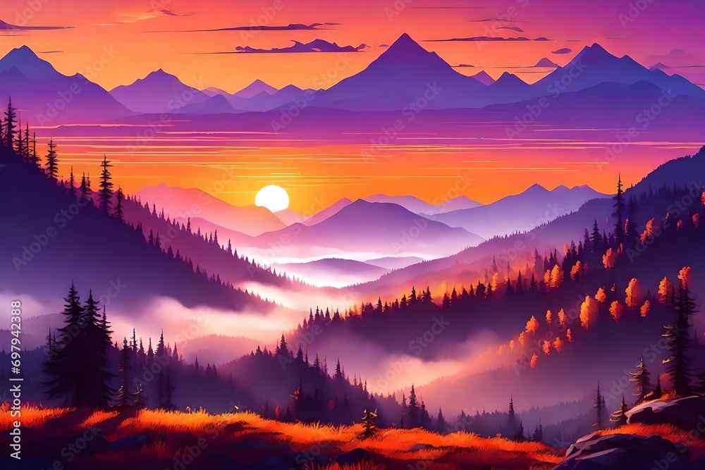 Beautiful landscape at sunset in the golden hour, a mountainous terrain with valleys filled with mist, the setting sun painting the sky in vibrant hues of orange and purple