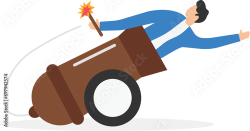 Self motivation to improve and boost business growth, determination to victory, challenge and ambition concept, confidence businessman ignite the cannon to launch himself flying high to reach target.
