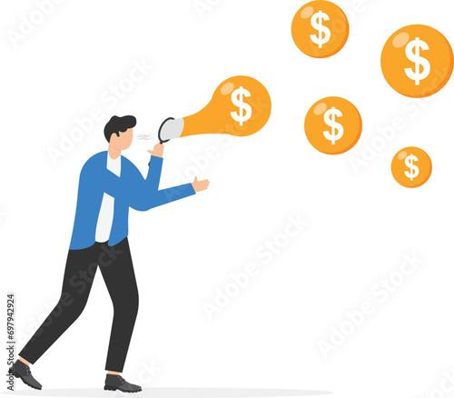 Stock market bubble, stock share price rising up from speculation from greedy investor or overvalued company concept, greedy businessman investor blowing bubbles with dollar sign money into the air.

