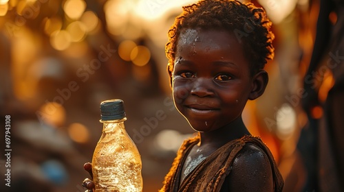 African kid holds a bottle of clean water. The problem of shortage of clean water in Arican countries. Water for life photo