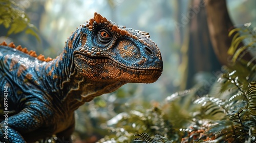 Ferocious and predatory dinosaur Allosaurus in the jungle