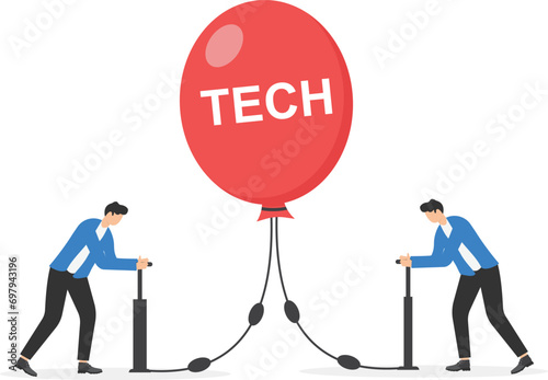 Technology or Tech stock bubble, overvalued stock causing by economic crisis and greedy investors concept, businessmen investor take risk by pumping air into ready to burst balloon with the word TECH.