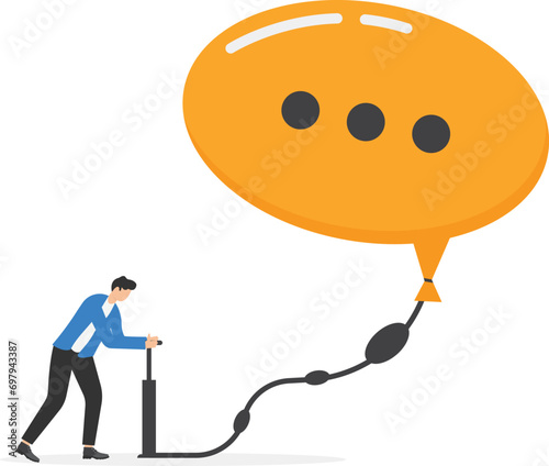 Businessman pumps up a balloon of a bubble sign. Art corporate communication between coworkers, manager and team. Flat vector illustration.

