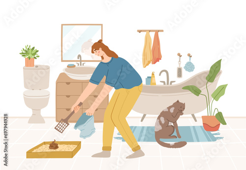 pet owner or sitter tidies up cat litter box. Girl cleaning pets toilet in bathroom, friendly pet service concept. Gray cat sitting on rug. Colored flat hand drawn vector illustration.
