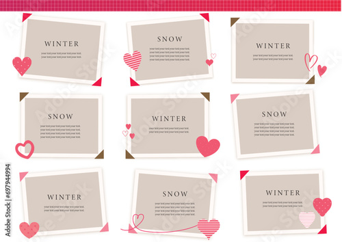 バレンタインのハートモチーフ　フォトフレーム　テンプレート　バナー　グラフィックデザイン素材　ベクターイラストセット