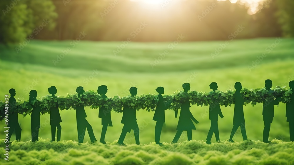Naklejka premium Human chain paper on green plant for CSR (coporate social responsibility) concept. Team spirit building. CSR represents the business model and companies should maintain a positive impact to world