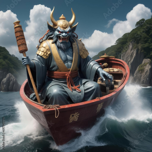 Ebisu the God of Fishermen in Modern Technological Setting - Stylized Digital Collage Artwork Gen AI photo