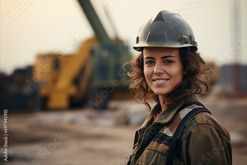 Portrait of a female construction worker smiling at the camera with a crane in the background