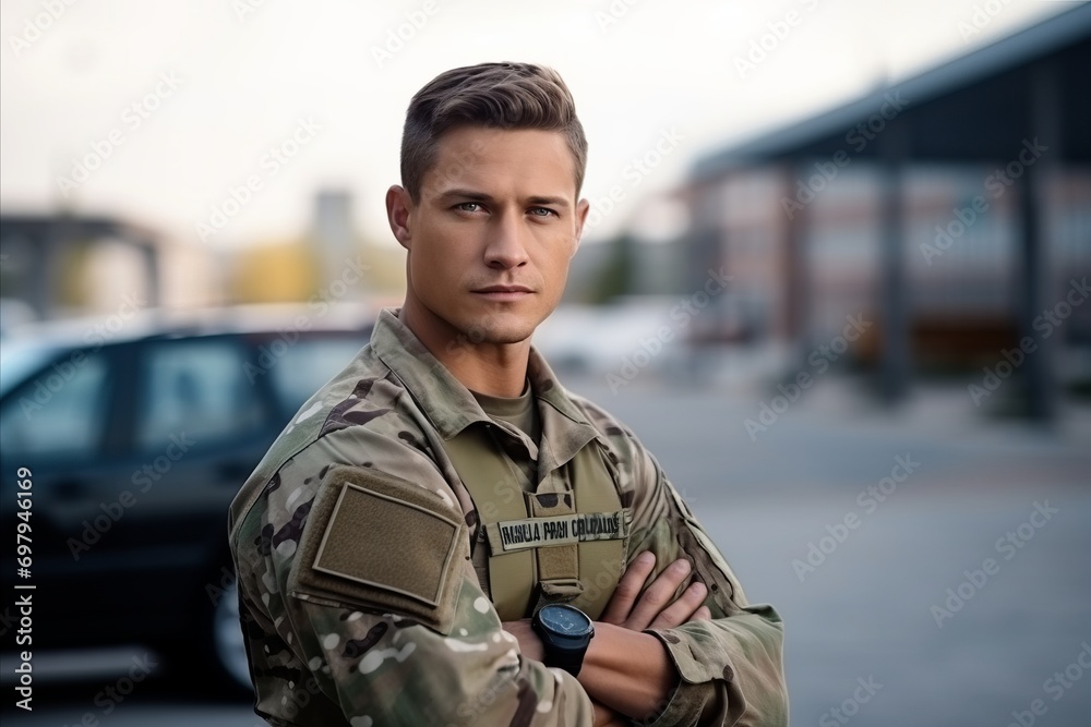 Portrait of a young soldier standing with arms crossed in urban background Portrait of a young soldier standing with arms crossed in urban background