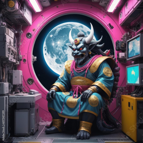 Tsukuyomi - Modern Interpretation of the Moon God Observing Earth from a High-Tech Space Station in Neon Pop Art Style Gen AI photo