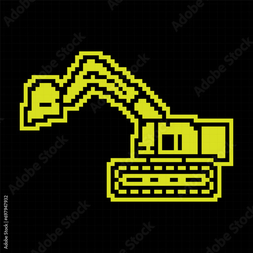 Pixel silhouette icon. Heavy excavator machine for construction and earthworks. Industrial machinery and equipment. Simple black and yellow vector isolated
