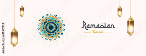 Ramadan Kareem wishing, or greeting banner Ramzan Islamic mandala background design with cream color social media ramazan sale, advertisement, banner, poster vector illustration