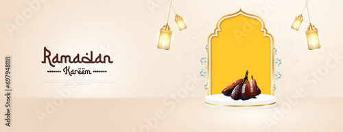 Ramadan Kareem wishing, or greeting banner Ramzan Islamic mandala background design with cream color social media product, dates, ramazan sale, advertisement, banner, poster vector illustration