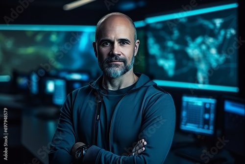 Portrait of a confident hacker with arms crossed in front of computer screens