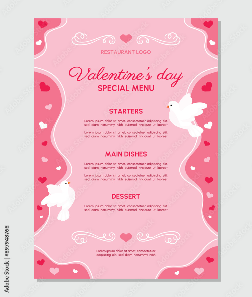 Vector Valentine's Day Menu Template. Romantic Special Menu with Doves Loving Couple. Illustration. Vector Valentine's Day Menu Template. Romantic Special Menu with Doves Loving Couple. Illustration.