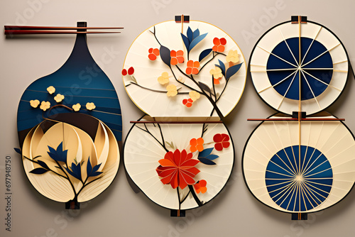Combining traditional Korean patterns and geometric shapes, Hanji craft captures the elegance of lines and incorporates traditional color palettes. Generative AI.