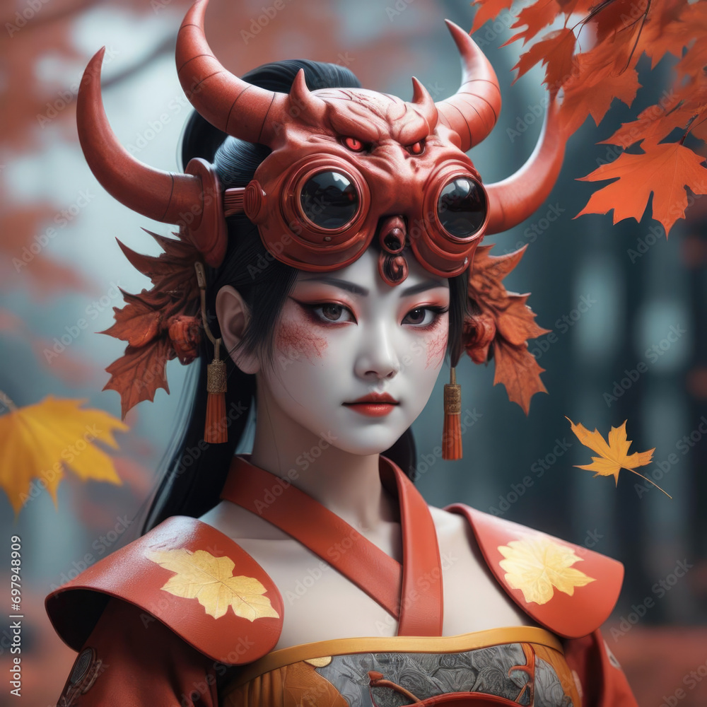 Momiji Traditional Japanese Demon Of Autumn In A Retro futuristic momiji-traditional-japanese-demon-of-autumn-in-a-retro-futuristic