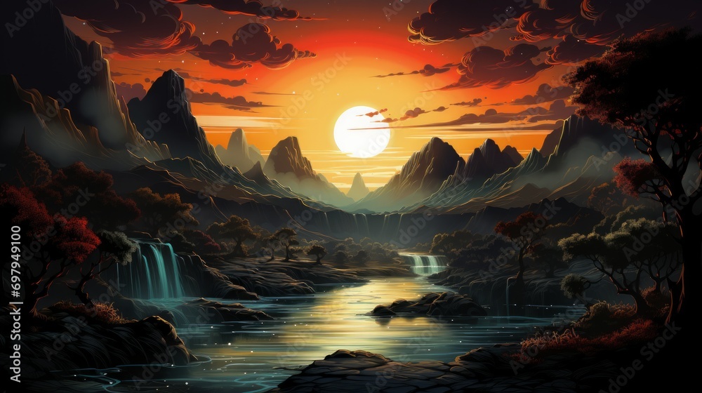 A picturesque painting capturing the stunning landscape of a river meandering through a lush valley surrounded by majestic mountains and verdant trees A picturesque painting capturing the stunning landscape of a river meandering through a lush valley surrounded by majestic mountains and verdant trees